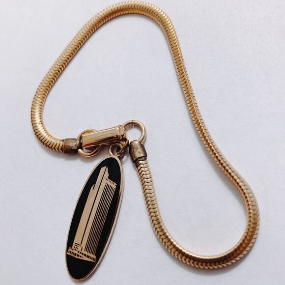 VTG Mid Century Black Cufflinks Tie Bar Chain 3-Piece Set Skyscraper Gold Tone - Picture 2 of 16